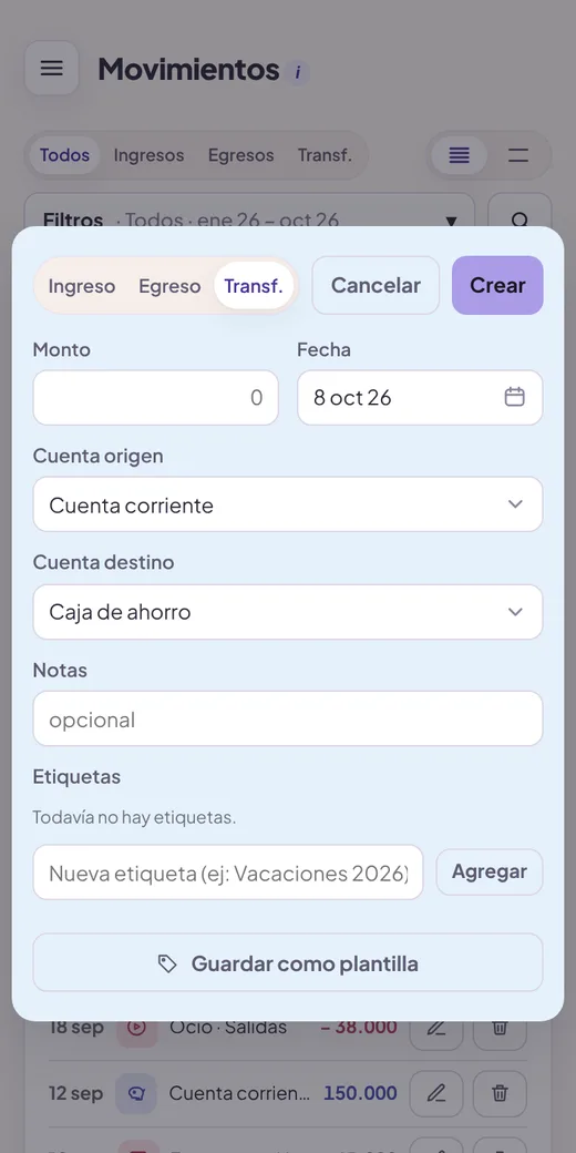 Alta de una transferencia en el celular